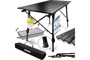 Werkfox Table de Camping Table Multifonctions Pliante Table Polyvalente ; Table Pliante réglable en Hauteur avec Plateau de Table Enroulable (90x51cm) & Sac de Transport ; supporte jusqu'à 30kg
