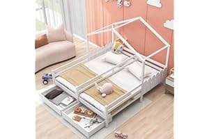 ‎FEZTOY FEZTOY Kinderbett 90x200, Hausbett Kinder mit 2 Schubladen auf Rollen, Kinderbett Für 2 Kinder, Hausbett, Doppelbett, Spielbett, Jugendbett, Etagenbett, Massivholz, weiß