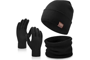 OZERO Winter Beanie Hat Scarf Gloves: Warm Knitted Beanie Hat Scarf and Gloves Set Thermal Hat Fleece Lined Mens Winter Hat Neck Warmer with Touchscreen Gloves for Men Women