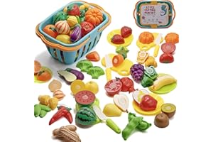 Kidow Toys Pretend Play 57PCS Fruit & Vegetable Cutting Set: Plastic Toy Food, Toddler Toys Kitchen Accessories with Child-Safe Toy Knife, Play Kitchen Basket for Kids, Fake Food Playset for Children