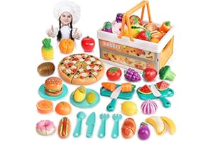 kramow Food for Play Kitchen, Play Food Sets for Children, Cutting Fruit and Vegetables, Toy Foods with Collapsible Hand Basket, Pretend Play Kitchen Toys Gift for Girls Boys Kids 3+ Years Old