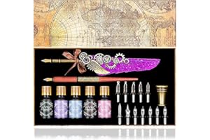 YICMY Quill Pen and Ink Set, Feather Wooden Pen Calligraphy Pen Set with 5 Inks, 6 Nibs and Pen Holder, Dip Pen Stationery Gift Calligraphy Set for Beginners Handwriting Lovers