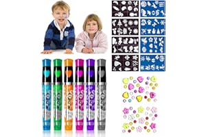 NebulaGlam 17 Piezas Rotuladores Tatuajes Temporales Niños, 6 Colores Rotuladores Purpurina Tatuajes con 11 Tatuajes Plantilla, Bolígrafos Infantiles Tattoo Purpurina para Fiesta Halloween Navidad