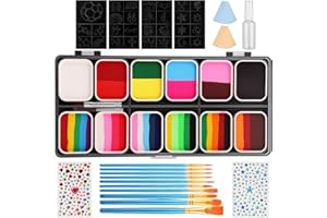 Hoomtree Face Painting Kit,12x10 gm Professional Body Paint With 10 pcs Brushes & 4 Stencils, Safe & Non-Toxic Water based Face Paint Makeup for Children Adults Halloween Christmas Cosplay