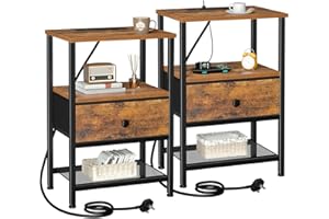 AMHANCIBLE Bedside Table Set of 2 with Charging Station, Nightstand with Fabric Drawer and Open Storage Shelf, Small Side Table, Bedside Cabinets for Living Room, Sturdy Metal Frame, Brown HETS010PBR