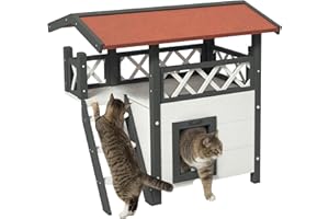 PawHut Outdoor Cat House Kitten Shelter Puppy Kennel with Balcony Stairs Asphalt Roof, 77 x 50 x 73 cm, White