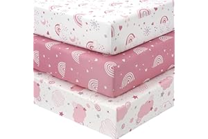 FIEMOL Baby Fitted Sheet, 60 x 120 cm, Baby Cot Fitted Sheet, Pack of 3, Microfibre Bed Sheets for Baby Beds, Ultra Soft and Silky Smooth Bed Sheet, Pink Rainbow