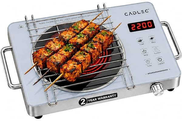 Cadlec HeatBlaze 2200W Infrared Cooktop Stove with Grill Rack for Barbecue, Crystal Glass Plate, Digital Display, Touch Contr