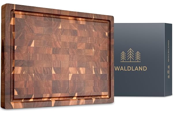 WALDLAND Premium skärbräda trä stor 40 x 30 x 3 cm I av robust akaciaträ I träbräda kök I tjock skärbräda med juicespår I pannträ I hjärnträ