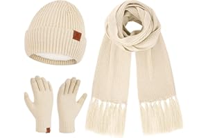 BEQUEMER LADEN Invernale Termici Cappello Donna Guanti Touch Screen Sciarpa Set, Berretto Pile Doppio Lungo Sciarpe con Nappa