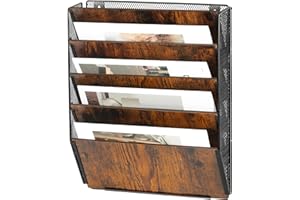 Solinxe Zeitungshalter Wand aus Holz mit 5 Fächern Metall Zeitungsständer Hängeregister Wandablagefächer A4 Papier Dokumentenablage Büro Schule Ablage Organizer, Schwarz/Antik