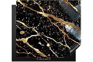 KitchenYeah© Protection Plaque Induction 59x52 cm Protege Deco Cuisine Cache Protège De Cuisson Accessoire Marbre - Noir - Or - Texture - 59x52 cm