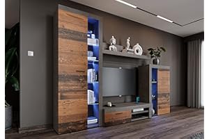 FURNIX Riva Media Wall Unit Concrete Look Living Room 4-Piece Complete Set with LED TV Lowboard Highboard Display Cabinet Wall Shelf Freestanding W 270 x H 190 x D 40.2 cm Colour Old Wood / Matera