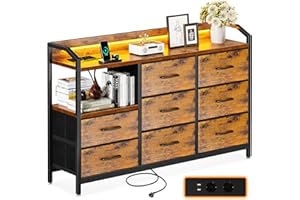 ODK Commode Chambre Adulte, avec Bandes LED Réglables en 10 Couleurs, 2 Prises USB et 2 Prises Secteur, 8 Grands Tiroirs en Tissu, Commode Rangement 110 x 30 x 88 cm, Couleur Vintage