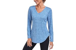 Deaviya Womens Gym Tops Long Sleeve Sports T-Shirt UK, V-Neck Workout Yoga Tops Ladies Running Tee Shirts, Activewear Loose Fit Quick Dry