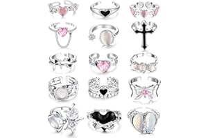 Kakonia 15 Pcs Y2k Rings For Women Teen Girls Irregular Adjustable Open Ring Vintage Punk Grunge Gothic Goth Moonstone Star Thorn Heart Cross Bud Bow Ring Set