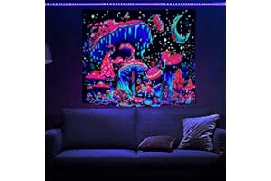 Arsey Arazzo da parete a forma di funghi blu, luce nera UV, reattiva, motivo con luna, cielo stellato, psichedelico, per camera da letto, decorazione da parete, grande, 200 x 150 cm
