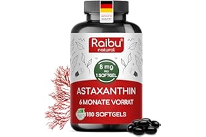 ‎RAIBU Astaxanthin Hochdosiert - 180 Vegane Astaxanthin Kapseln (Softgels): 6 Monate Vorrat - 8 mg pro Softgel - Premium-Rohstoff aus Haematococcus pluvialis Algenextrakt - Ohne Zusatzstoffe