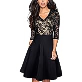 Abito Donna HOMEYEE Vintage In Pizzo Floreale - Manica 3/4, Scollo A V, Svasato, Per Cerimonie - Foto 2