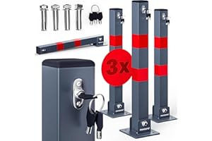DEUBA® 3X Car Security Barrier for Driveways | Telescopic Retractable Parking Space Bollard | 3 Keys | Pre-Drilled Base Plate, Reflective Strips