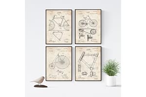 Nacnic set of 4 bicycle vintage patent sheets | old invention of bike parts and biking tools in brown beige background | a4 size | decoration for room, walls, office, business...