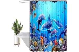 HEYOMART Shower Curtain Heavy Duty Polyester Fabric Waterproof Shower Curtain Liner, 3D Digital Painting Pattern for Shower Stall, Bathroom Curtains with 12 PCS Hooks (180x180cm, Ocean Dolphin)
