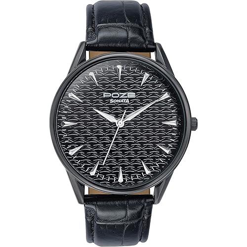 Sonata Poze Quartz Black Dial Black Leather Strap Analog Watch for Men-SP70047NL01W