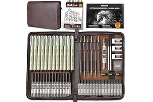Nicpro kit de 58 fournitures de dessin d'art dans un étui en cuir, porte mines MP1000 en métal noir avec crayon à dessin d'art 0,5 0,7 0,9 2 mm, stylo 12 microns, carnet de croquis, 30 tubes de mines