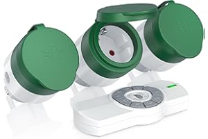 CSL-COMPUTER CSL - Funksteckdosen Set mit Fernbedienung - 3er Set für den Außenbereich Outdoor - LED-Statusanzeige blau - Spritzwassergeschützt - integrierter Berührungsschutz - 3680W - IP44 - weiß grün matt