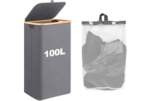 Jigerjs 100L Laundry Basket 1 Compartments with Lid, Dirty Clothes Storage Foldable Laundry Basket with Removable Laundry Bag, Laundry Hamper, laundry box, Laundry Bin, Large Laundry Wash Basket, Gray