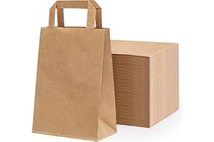 ROKRIST 50pcs Shopper in Kraft, Sacchetti di Carta con Manico Piatto, Sacchetto di Carta Kraft, Sacchetti Regalo di Carta, per Matrimoni, Compleanni, Festa, Natale, Confezione Regalo, 23 x 18 x 9cm