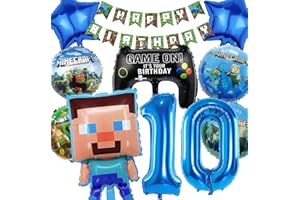 DIYOOISX Minercraft Geburtstagsdeko 10 jahre Junge Geburtstag Deko Junge Miner Gamer Luftballon Geburtstag 10 Junge Deko Geburtstag Set 10 Geburtstagsdeko Junge 10 Jahre Party Deko Tortendeko Kuchen Deko