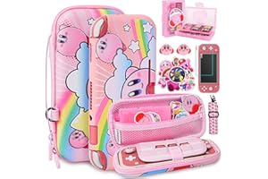 TIKOdirect Carrying Case for Switch Lite, Pretty Shockproof Portable Travel Bag with Soft Protective Case, Screen Protectors, Cute Thumb Grips Caps and Game Card Case, Pink Rainbow