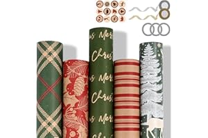 Ambesty 5 Rollo Papel Regalo Navidad, 43x300 CM Papel de Regalo Navidad con Etiqueta, Cuerda Kraft Resistente Reciclado Para Decoración Navideños, Cumpleaños y Decoración Navideñapapel de regalo (01)