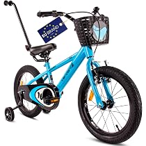 Produktbild von Supfine 12/14/16 Zoll Kinderfahrrad Für 2-7 Jahre Mädchen Jungen, Kleinkind Fahrrad Mit Stützrädern, Kinder Fahrad Mit Korb, Verstellbarem Sattel Und Lenker (Blau,Barren, 16 Zoll