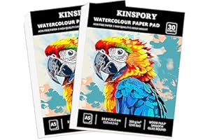 KINSPORY Carta acquarello A5, 30 fogli - 300 g/m², Confezione da 2 Pezzi, rilegati con colla, trama a grana fine per arte, album acquarello, disegno, schizzi e tecniche miste - 21 x 14,8 cm