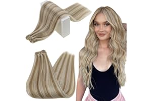 RUNATURE Extensiones Pelo Natural Cortina Cabello Humano Liso Brasileño Rubio Platino con Marrón Humano Cabello Remy Hair Weft 14 Pulgadas 100 Gram