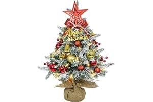 ELECOUTEK Mini Árbol de Navidad Artificial con Luces LED, 60cm Pequeño Arbol de Navidad Decorado con Nieve Artificial y Adornos para Decoración Navideña Mesa En Casa, Oficina