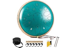 MeloBeat Steel Tongue Drum Handpan - Tamburo in Acciaio 12 Pollici 15 Note - Set Professionale di Tamburi a Lingua in D Maggiore Incluso Libro delle Canzoni per Tamburo con Custodia (Verde)