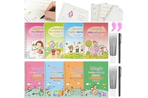 WWMILY 8 Pieces Magic Copybooks for Kids Reusable Handwriting Practice Copybook Set for Preschools (8 Copybooks+2 Pens+2 Writing Aid Grip +16 Refills)
