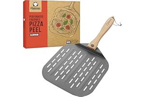 Chef Pomodoro Pala Pizza Horno Larga, Pala para Pizza de Aluminio con Tope de Seguriddad y Mango Plegable de Madera de 10 cm para Fácil Almacenamiento (Perforada 30,5 x 35,6 cm)