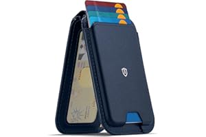SHIELDON Tarjetero de Cuero Genuino, Cartera Magnética [Bloqueo RFID][Soporte Ajustable][Ranura para Tarjeta] Leather Wallet Card Holder para iPhone Serie 17/16/15/14/13/12, No para Mini - Azul Marino