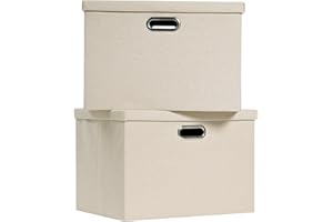 FABINADO 260g/m² XLarge Fabric Storage Boxes with Lids, Linenette Storage Baskets for Clothes & Toys, Odour Dispersal Process, 3mm Support Layer, Reinforced Edges, 2 Pack, Candlelit Beige