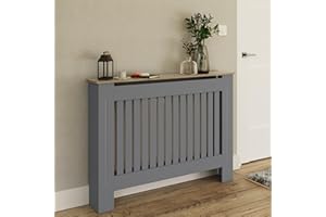 GFW Longslow Medium Grey Radiator Cover Slatted Wood Design Top Shelf Display Living