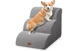 Ezkamfort Dog Steps for Bed, 3-Steps High Density Foam Dog Stairs with Detachable Cover & Non Slip Bottom, Waterproof Pet Steps Ladder for Sofa, Couch & Bed-Grey