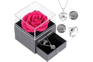 EAPRALA Te Amo para Siempre Regalo Original Mujer,Rosa Preservada Real con Anillo y Collar de Corazón con Te Amo en 100 Idiomas, Rosa Eterna para el Día de San Valentín Aniversario Cumpleaños
