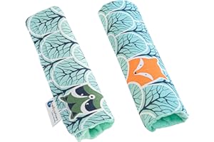 Medi Partners Protège Ceinture Enfant 2 Pièces Coussin de Sécurité Voiture Protege Kids 17x22cm 100% Coton Minky Cover Securite Auto Poussette pour Bebe Amovible (Forêt à la Menthe Minky)