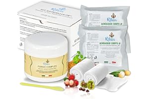 Tratamiento Anticelulítico para CELULITIS PIERNAS y GLUTEOS de Ritalia® - 700g BARRO reafirmante corporal y 4 vendas drenantes con ingredientes veganos y biológicos (‎Barro + vendas)