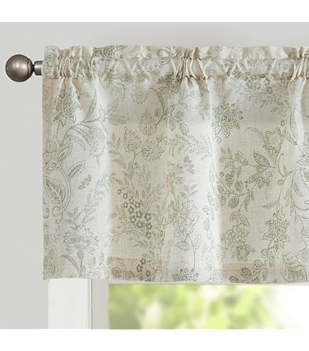 TOPICK Linnen Vitrage, ondoorzichtig, keukengordijnen, 45 H x 125 cm (cm), lente, landhuisstijl, gordijnen, bloemen, verduisterend, korte bistrogordijn, volant, woonkamer, raam, rood op beige