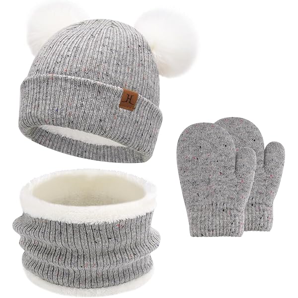 3 En 1 Enfant Bonnet Echarpe Gant Bob D’Hiver En Peluche Chaud Mignon Chapeau Polaire Pour Garcon Fille Tour De Cou Doux Épais Coupe-Vent Pour Sport